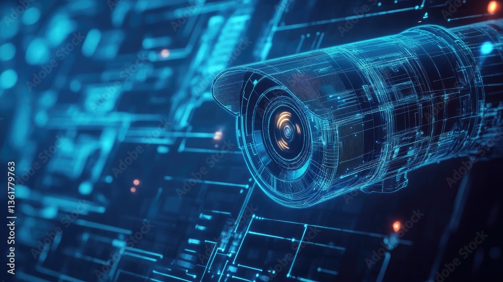 Poster A digital wireframe of a surveillance camera on a blue backdrop, emphasizing cutting-edge security design with a futuristic, tech-driven aesthetic