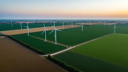 Fototapeta premium Renewable Energy Horizon: Aerial View of Wind Turbines Among Fields at Sunset, Shaping a Sustainable Future.