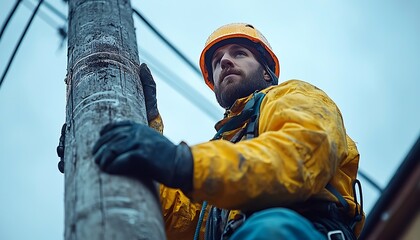 An electrician is working on a wooden utility pole safely