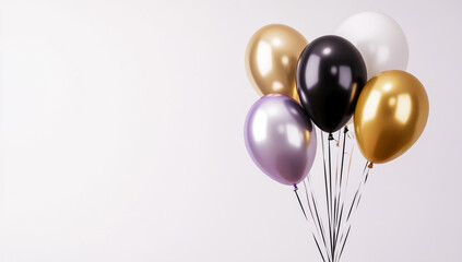 Bouquet of balloons, in white, black, gold, and purple colors, ultra-realistic photography.