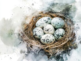 Obraz premium A cozy nest cradles speckled eggs, watercolor style, evoking nature's delicate beauty and the promise of new life in springtime.