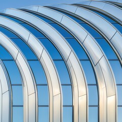 Fototapeta premium A close-up of sleek, curved architectural elements reflecting a clear blue sky, showcasing modern design and innovative materials.
