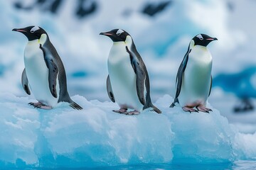 Obraz premium Tenacious nature and unshakable ties of penguins, overcoming the perilous iceberg cliff on the icy continent of Antarctica. Generative Ai