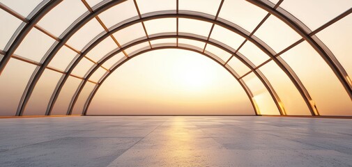 Obraz premium A modern architectural structure with an arched glass design, bathed in warm sunlight, creating a serene and spacious atmosphere.