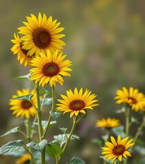 Fototapeta premium Vibrant yellow wild sunflowers in full bloom, blurred background, field, golden