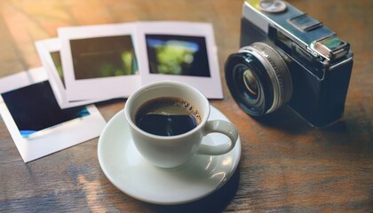 Polaroid camera and hot coffee on a cafe table