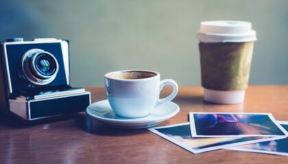 Polaroid camera and hot coffee on a cafe table