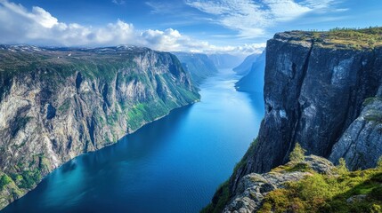 Obraz premium Majestic Norwegian fjord landscape showcasing sheer cliffs and turquoise water