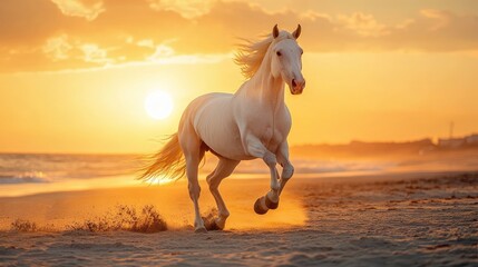 A panoramic shot of a white horse galloping gracefully on a sandy beach during sunset, capturing freedom and serenity in the golden hour.
