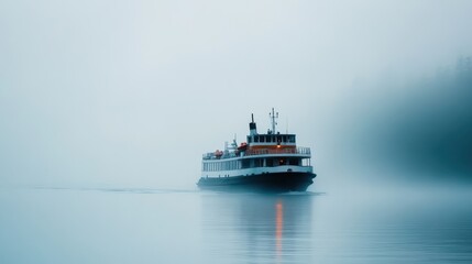 Naklejka premium A passenger ferry navigating through dense fog on water