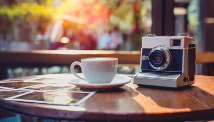 Polaroid camera and hot coffee on a cafe table