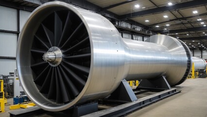 Giant Turbine Engine: A Colossal Engineering Marvel Displayed in a Spacious, Modern Industrial Facility, ready for testing and propelling forward.