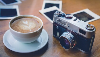 Polaroid camera and hot coffee on a cafe table