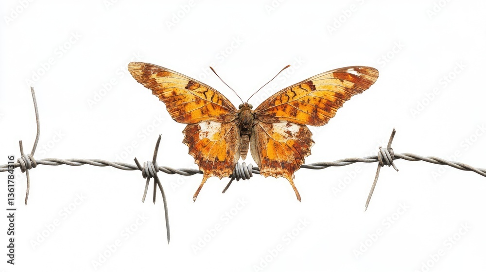 Poster a stark, surreal image of a rusty barbed wire fence barrier isolated on a white background, evoking 