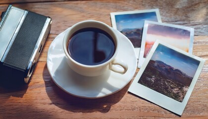Polaroid camera and hot coffee on a cafe table