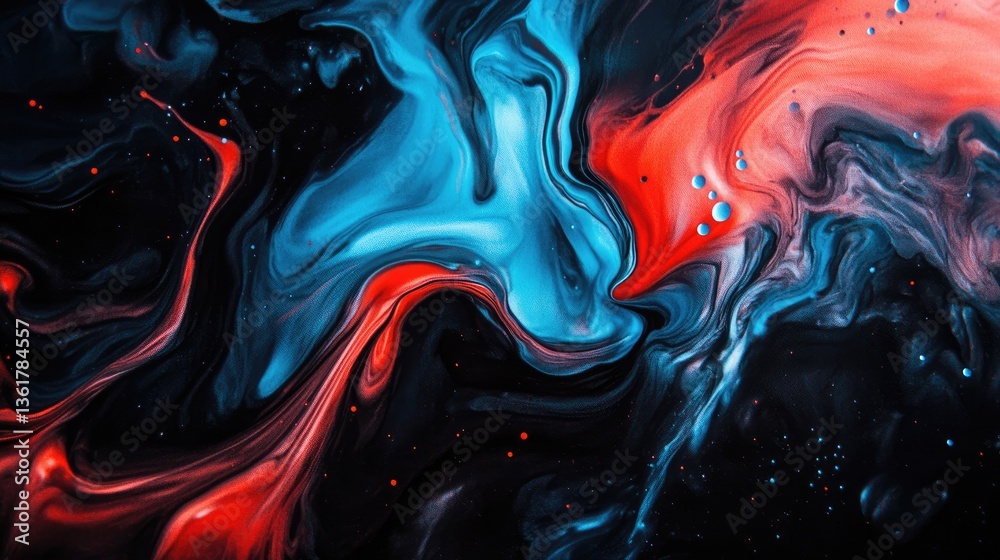 Poster a stunning image of acrylic blue and red colors blending in water, creating an artistic abstract eff