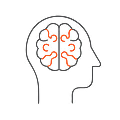 A minimalistic outline of a human head with a brain depicted in an abstract style, representing thought, knowledge, and cognitive processes, suitable for educational and psychological themes.