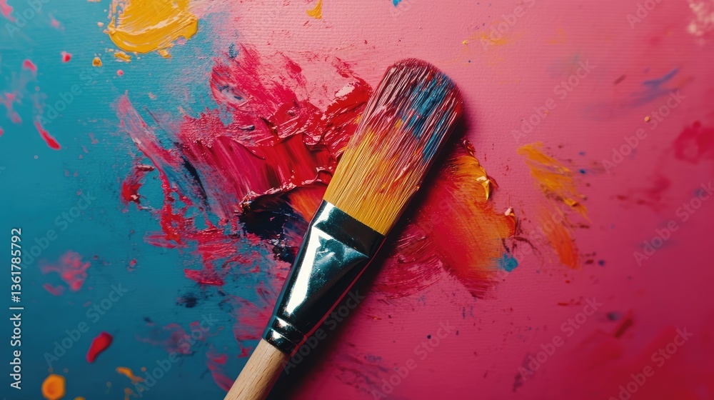 Poster a top-down view of a paintbrush beside a vibrant paint blob, capturing the essence of artistic creat