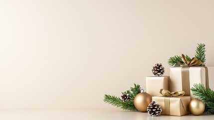 A serene arrangement of beautifully wrapped gifts adorned with festive decorations, pine cones, and greenery, evoking a warm holiday spirit, Eco-Friendly Packaging  cup.