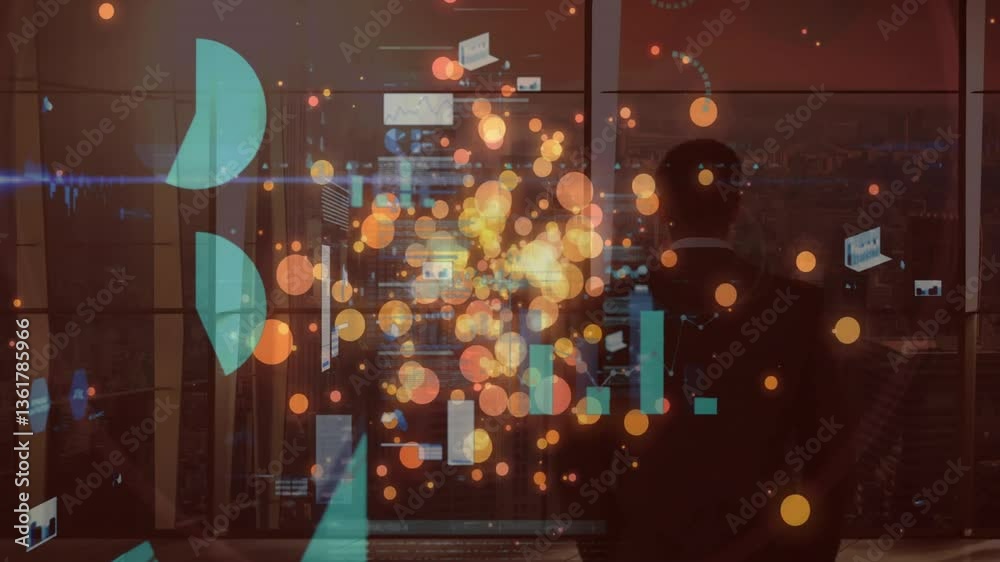Poster colorful bokeh lights animation over data charts and graphs in office setting