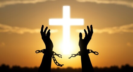 Silhouetted hands with broken chains reaching towards a glowing cross at sunset