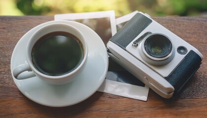 Polaroid camera and hot coffee on a cafe table
