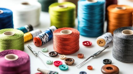 A vintage sewing kit with colorful threads, buttons, and needles on a white background, capturing the essence of traditional craftsmanship and sewing.