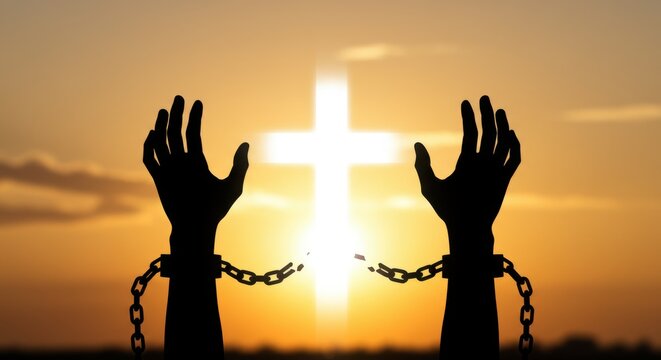 Symbolic image of liberation and faith, with chains falling away before a cross