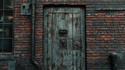 A weathered metal security door set against a vintage brick building, highlighting the contrast between industrial decay and classic architecture.
