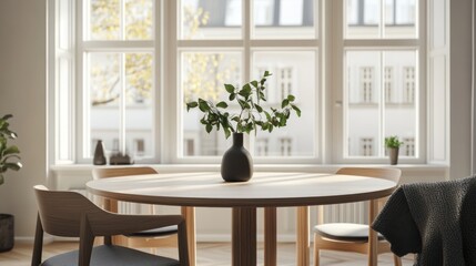 Modern dining room, city view, natural light, calm atmosphere, interior design