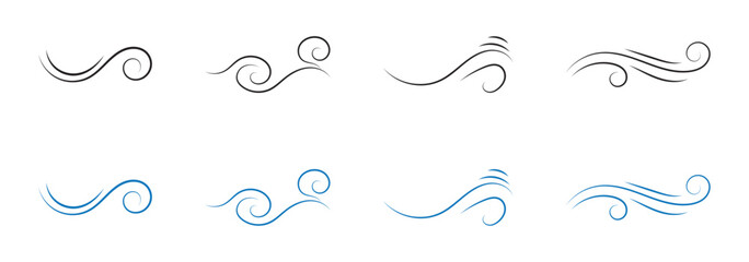 Doodle wind line sketch set. Hand drawn doodle wind air blow, swirl elements.