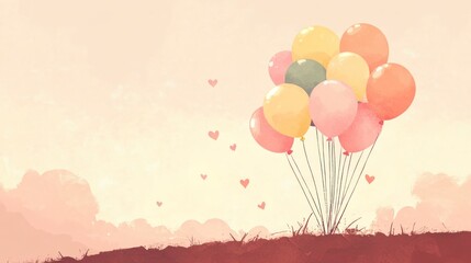 Pastel balloons on a hillside with hearts