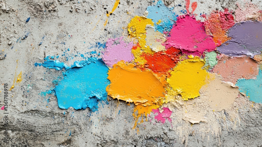Poster Abstract colorful splashes of paint on a textured concrete surface, blending modern urban architecture with vibrant artistic expression.
