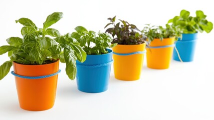 Fototapeta premium Vibrant Garden Pots with Fresh Herbs on White Background