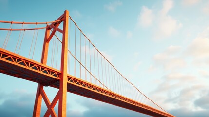 Obraz premium Engineering innovation highlights majestic suspension bridge in urban landscape wide-angle view showcasing architectural brilliance under daylight