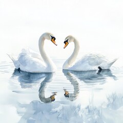Obraz premium Graceful swans meet on tranquil water, their reflections shimmering. A peaceful nature scene that evokes serenity and gentle beauty.