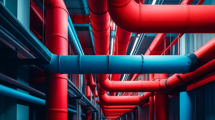 A complex network of red and blue pipes running overhead in an industrial or mechanical setting