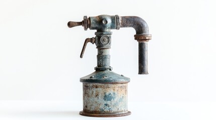 An isolated rustic water pump with a spigot on a white background, conveying an antique, industrial aesthetic with nostalgic charm.