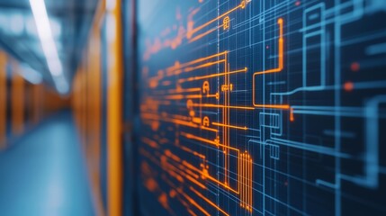 Data transmission event network server room digital graphics technology environment close-up view data flow concept