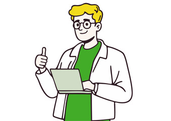 Vector illustration of a man holding a laptop and giving a thumbs up