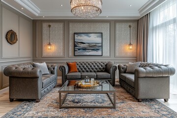 Modern living room with patterned wallpaper, grey leather couches, chandelier, vintage-inspired lighting, and luxurious decor.