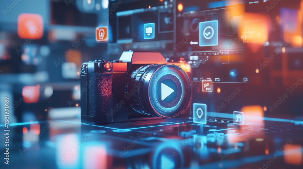 Poster camera device with notifications popping up on its screen, representing media, photography, and inst