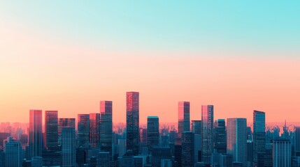 Obraz premium Urban sunset skyline view over cityscape modern architecture vibrant colors evening atmosphere aesthetic perspective for stunning visuals
