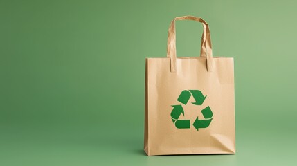 A brown paper bag with a green recycling symbol on a solid green background, promoting eco-friendly practices, Eco-Friendly Packaging  cup.