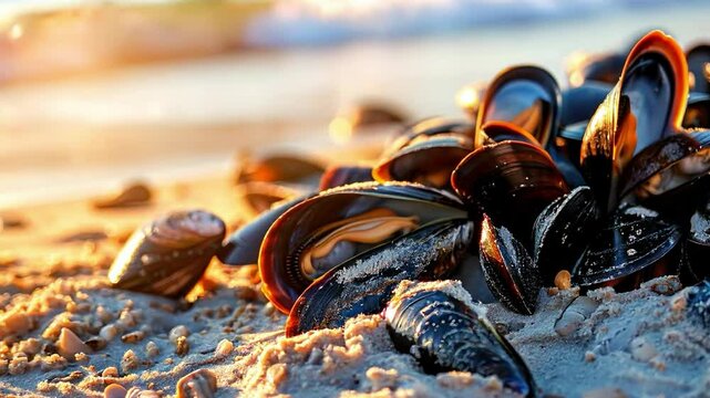 Video with sea shells on the beach in the sunset rays. Background for relaxation videos, advertising of beach resorts, ecological projects.
