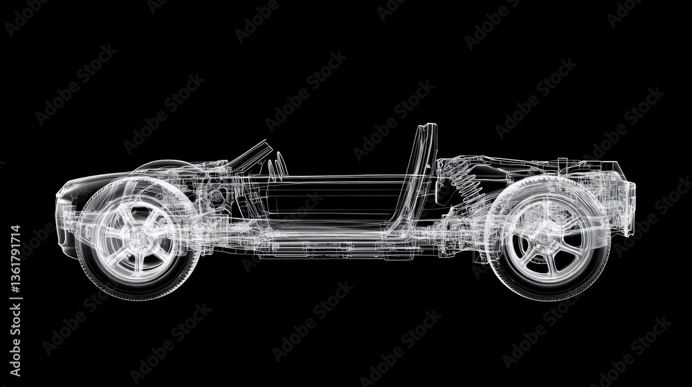 Poster Isolated X-ray image of a car chassis, displaying the intricate frame and skeletal structure, ideal for technical and automotive concepts.