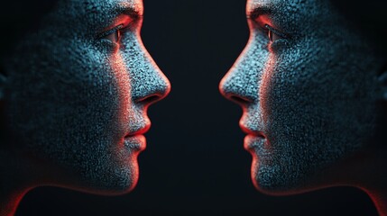 Futuristic dual portraits abstract digital art uncanny environment symmetrical viewpoint exploring identity and technology
