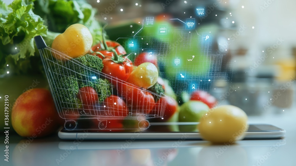 Aufkleber online grocery shopping concept with a user browsing a supermarket delivery app on a smartphone, sho