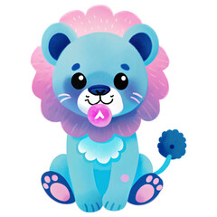 Naklejka premium Cute cartoon lion with a blue body and pink mane, sitting down and playfully holding a pink ball, set against a black background.