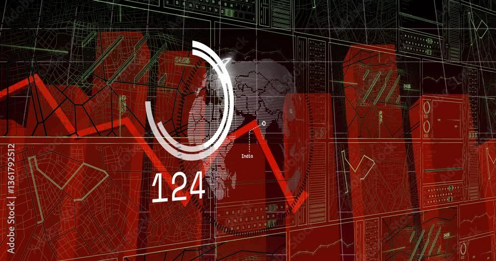 Poster digital world map with animation of red graphs and numbers overlaying charts